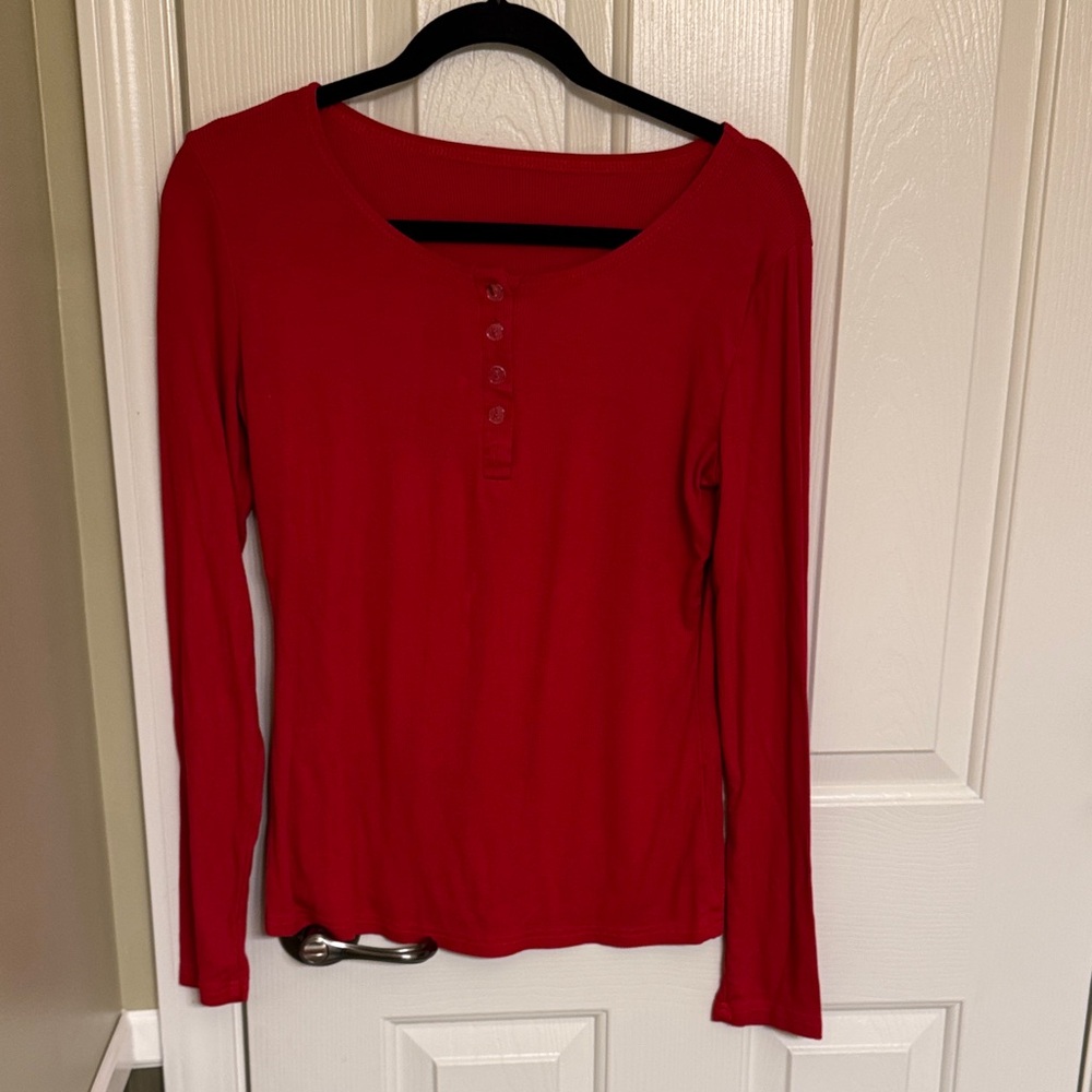Red Long Sleeve Button Front Henley Women's Top